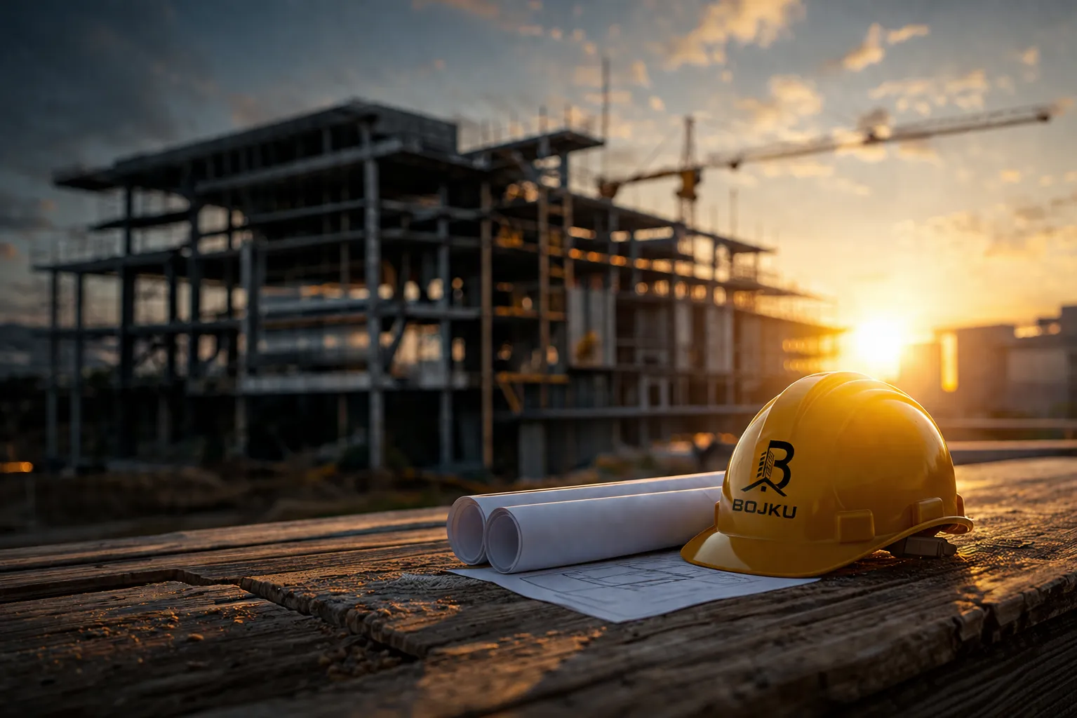 Bojku Bauunternehmen – Baustelle mit Bauhelm und Bauplänen